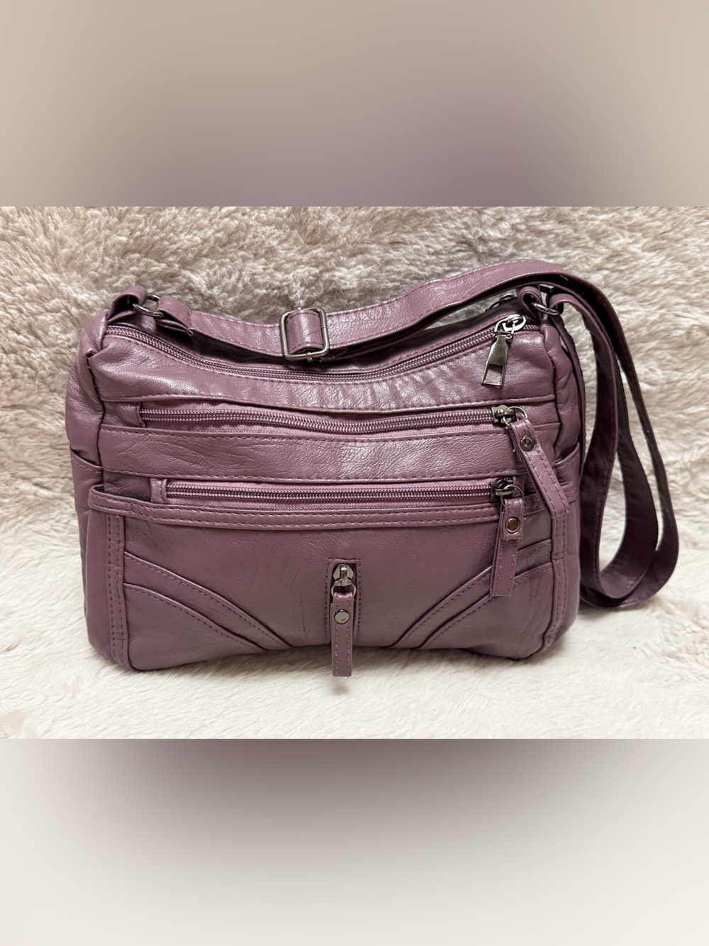 Women's Lavender Crossbody Bag with Multiple Zip Compartments